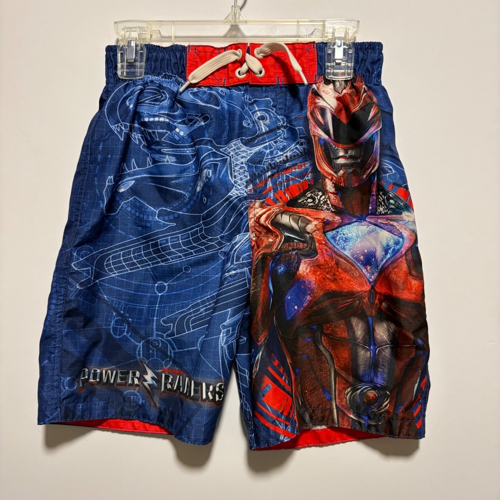 Power Rangers Boys Red Ranger Swim Trunks Blue Board Shorts Size M 8